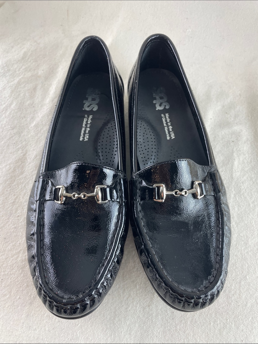 SAS Black Patent Leather Loafer with Silver Bit Hardware Size 8W